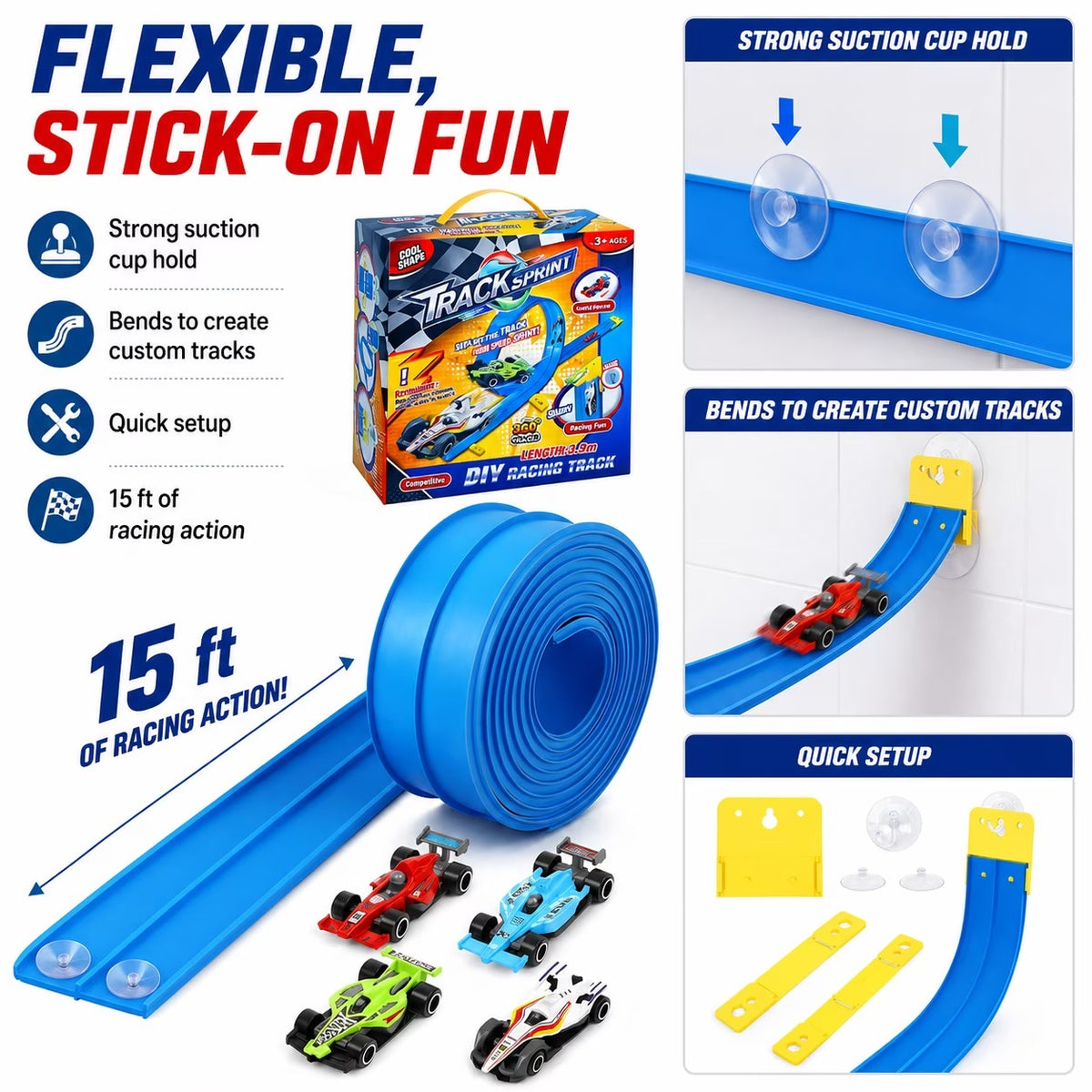 15 ft Flexible Race Track for Kids, Portable Dual Sided Racetrack with 4 Car & Suction Cups, Compatible with Hot Wheels & 1/64 Diecast Cars, Classic Long Rolls up Race Track for Boys Girls (Blue)