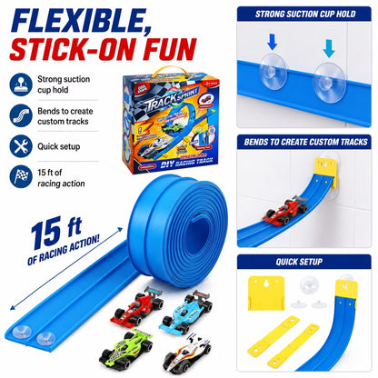15 ft Flexible Race Track for Kids, Portable Dual Sided Racetrack with 4 Car & Suction Cups, Compatible with Hot Wheels & 1/64 Diecast Cars, Classic Long Rolls up Race Track for Boys Girls (Blue)