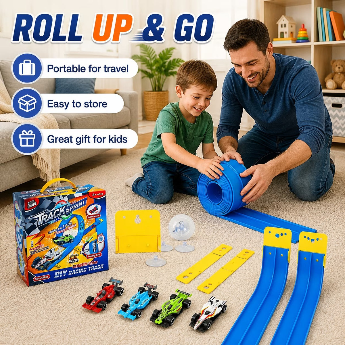 15 ft Flexible Race Track for Kids, Portable Dual Sided Racetrack with 4 Car & Suction Cups, Compatible with Hot Wheels & 1/64 Diecast Cars, Classic Long Rolls up Race Track for Boys Girls (Blue)