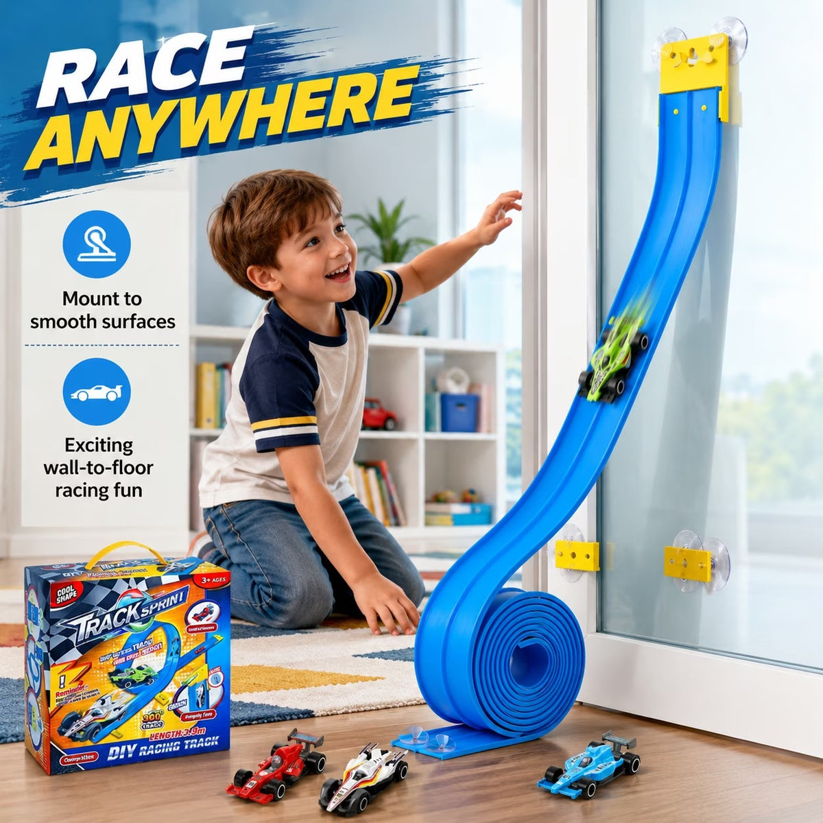 15 ft Flexible Race Track for Kids, Portable Dual Sided Racetrack with 4 Car & Suction Cups, Compatible with Hot Wheels & 1/64 Diecast Cars, Classic Long Rolls up Race Track for Boys Girls (Blue)